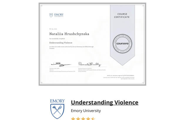 Head of the Department of Public Administration and Administration, Doctor of Economics Natalia Mykolayivna Hrushchynska completed the course “Understanding Violence” at Emory University, USA